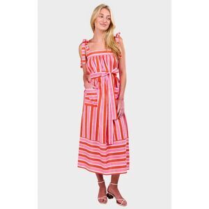 Pink City Prints Raspberry Stripe Palma Dress Small Tie Strap Midi Pockets